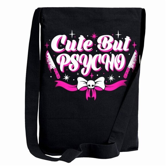 Too Fast Cute But Psycho Tote | Black Pink Crossbody Canvas Bag Alt-Core Chaos - Picture 1 of 3